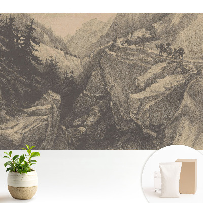 Tapeta na stenu s motívom horskej krajiny a cestovateľov