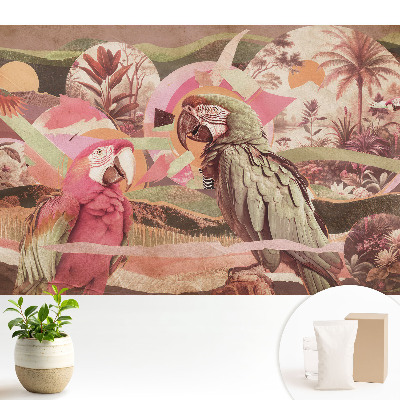 Tapeta na stenu s motívom exotických papagájov a tropickej vegetácie