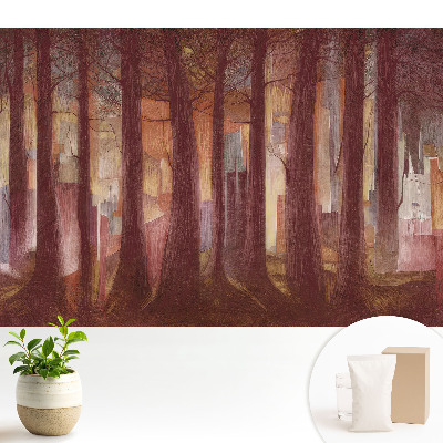 Tapeta s motívom lesa a abstraktných budov v pozadí