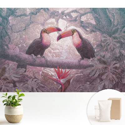 Tapeta na stenu s motívom farebných tukanov v tropickej džungli