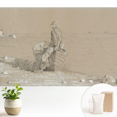 Tapeta do obývačky s motívom muža s loďkou na pláži