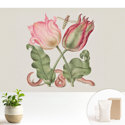 Tapeta na stenu s motívom kvetov a hmyzu v nostalgickej kompozícii