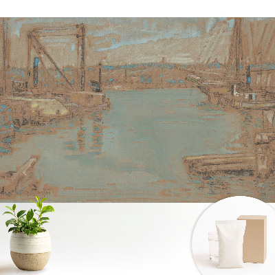 Tapeta na stenu s motívom klasickej prístavnej krajiny v odtieňoch modrej