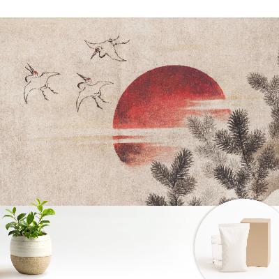 Luxusná tapeta Tri vtáky a slnko na pozadí ihličnatých stromov