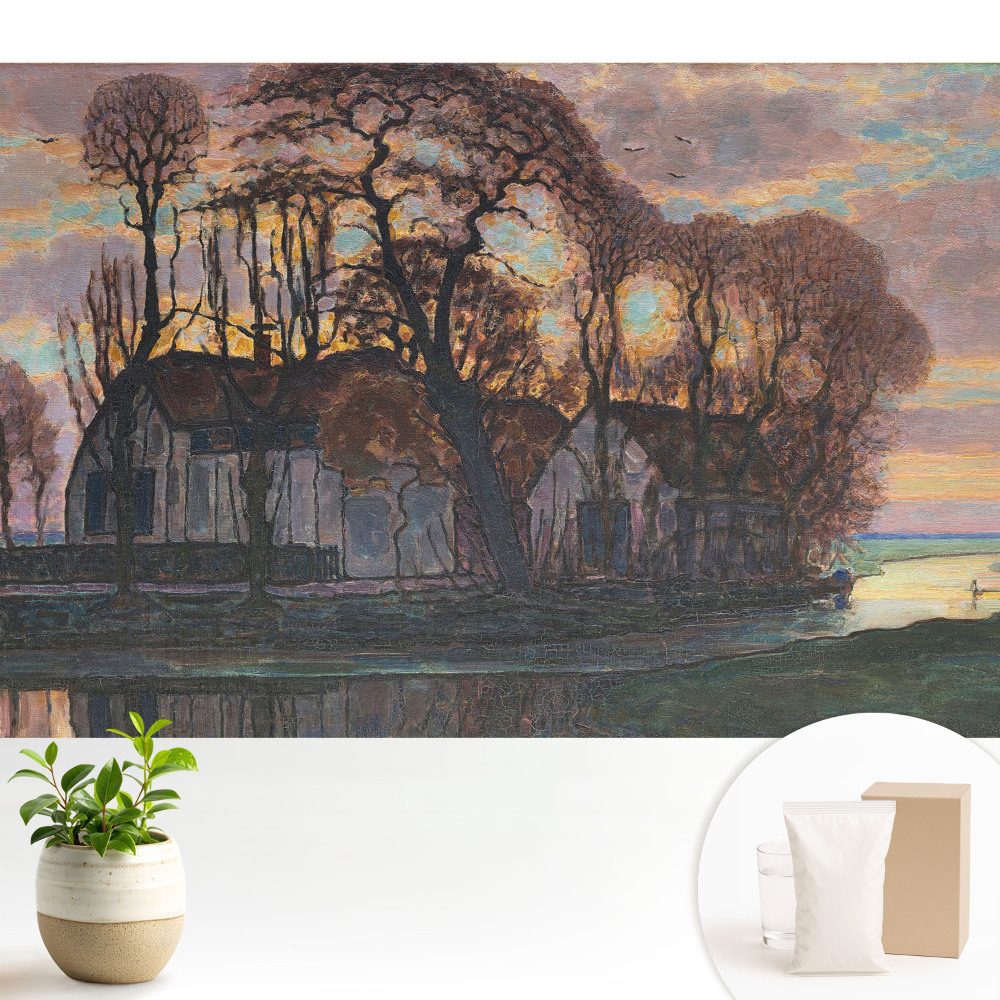 Tapeta Zapadajúce slnko stromy rieka pokoj