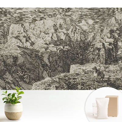 Luxusná tapeta Klasická grafika, drsné skaly, figúrka s oslom