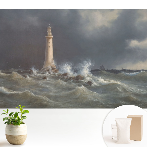 Tapeta do obývačky Rozbúrené more, maják, loď v diaľke
