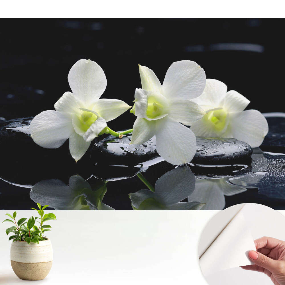 Tapeta do obývačky s motívom bielych orchideí na kamennom pozadí