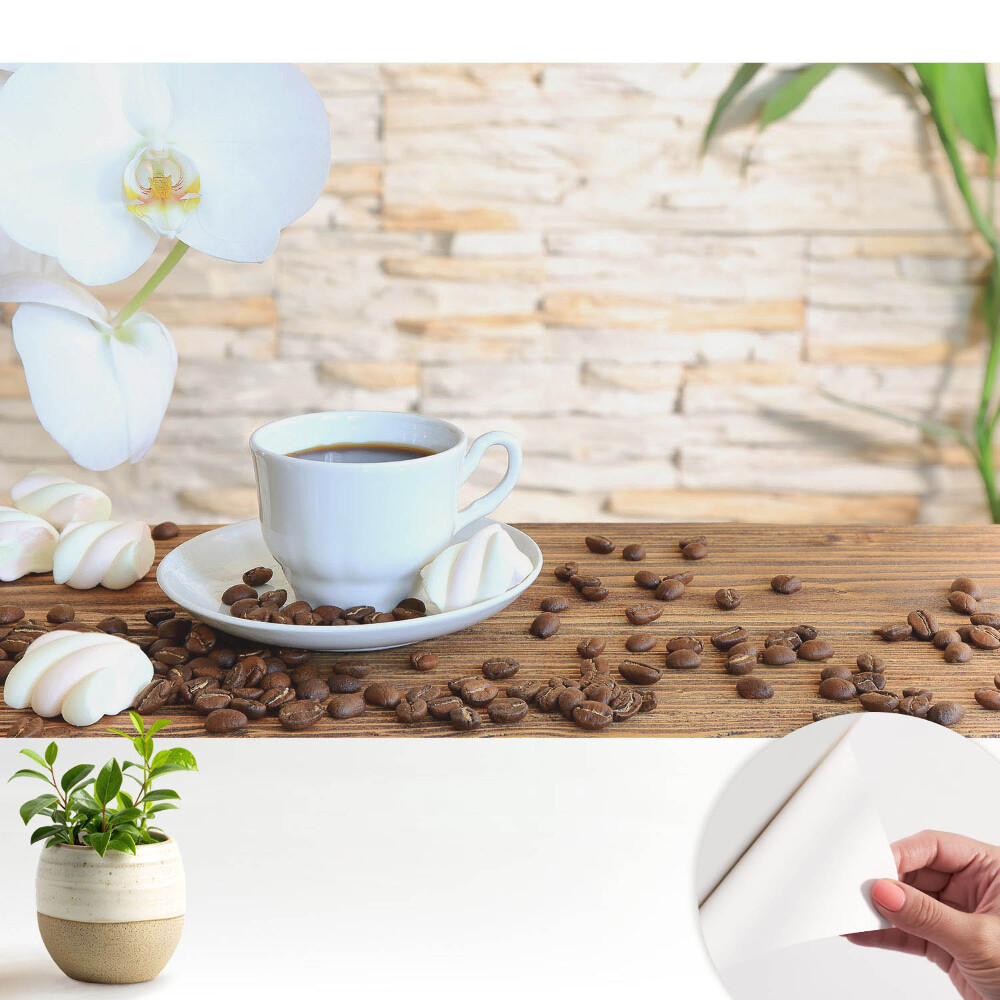 Tapeta do obývačky Káva a orchidea na dreve