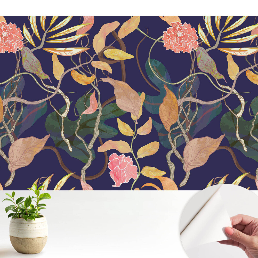 Tapety na stenu samolepiace Exotická flóra na tmavomodrom pozadí