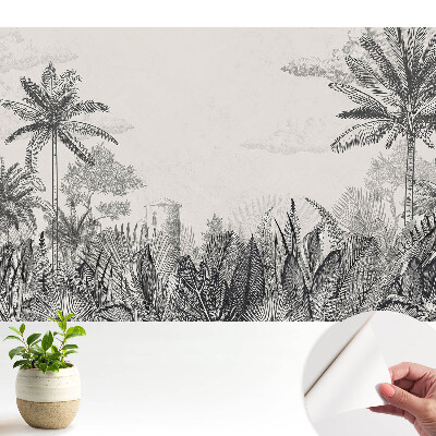 Tapeta na stenu samolepiaca s motívom exotických paliem a tajomnej budovy