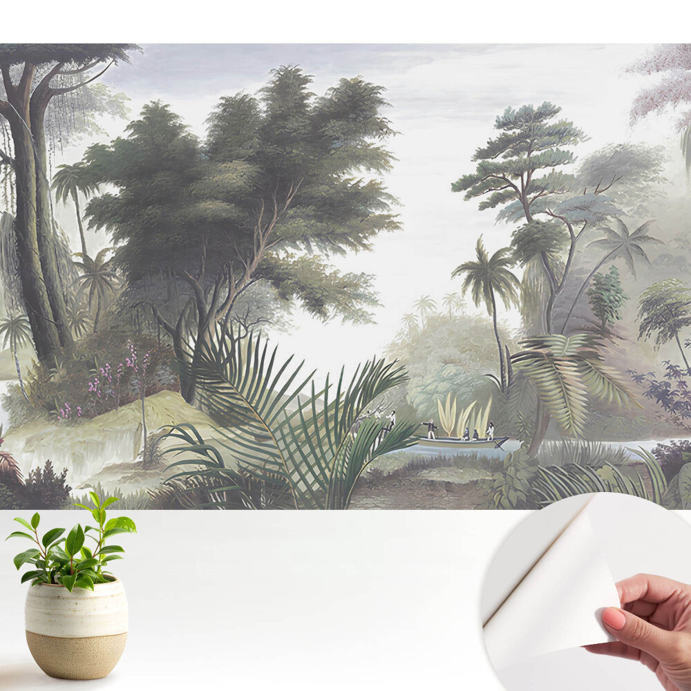 Luxusná tapeta Bujná džungľa s loďkou na rieke