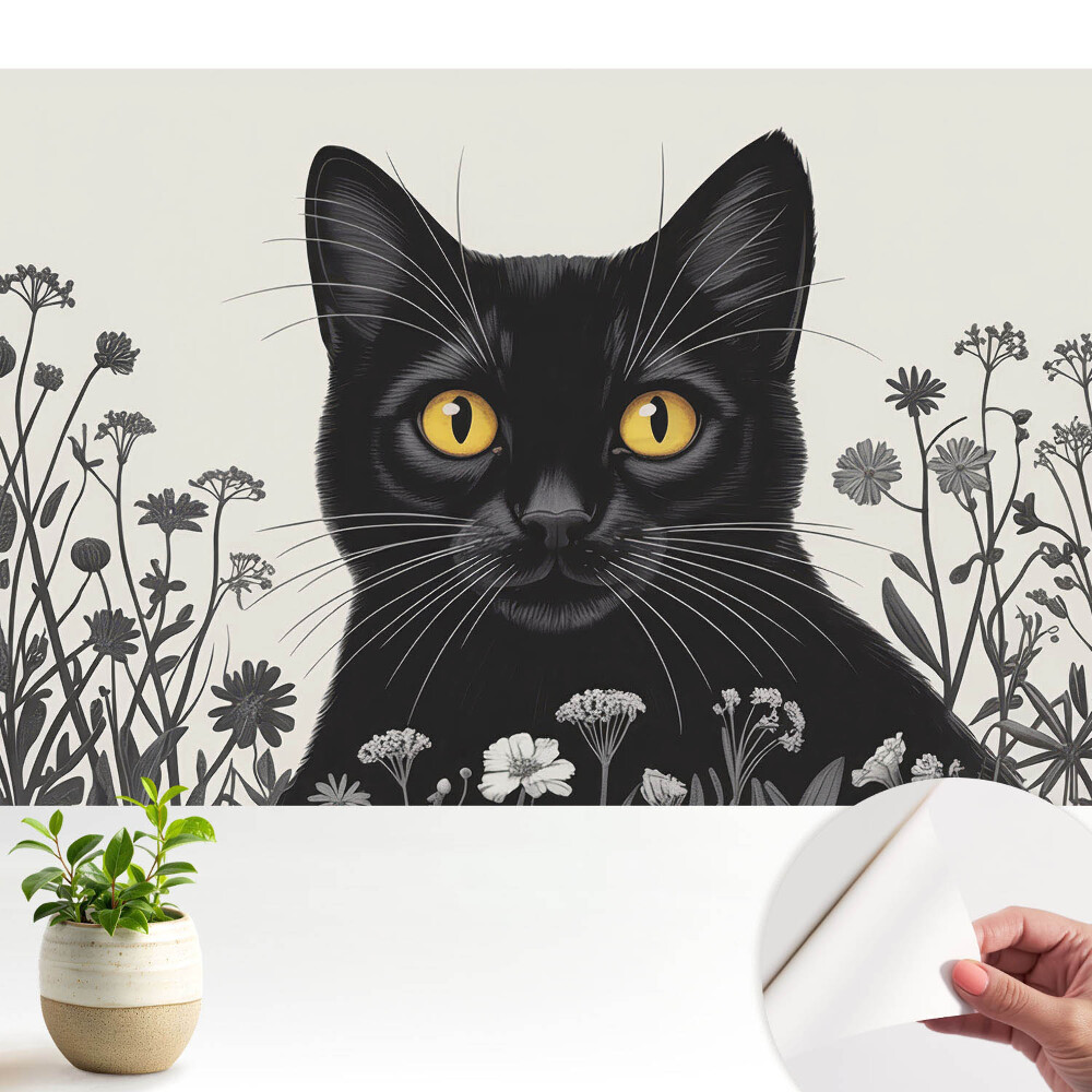 Tapety na stenu samolepiace Čierna mačka so žltými očami medzi kvetmi