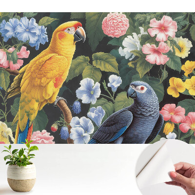 Tapety na stenu samolepiace Farebné tropické vtáky medzi kvetmi