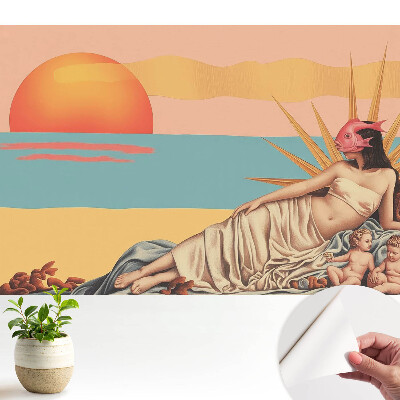 Tapeta do obývačky s renesančným surrealistickým motívom v pastelových farbách s motívom západu slnka