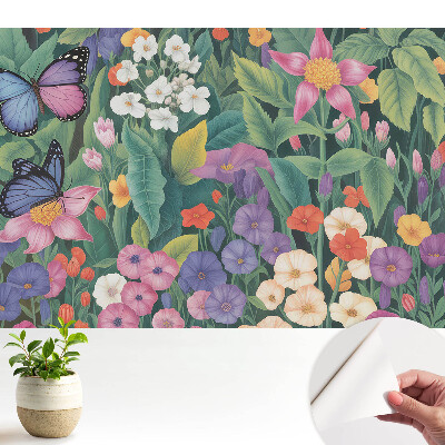 Tapeta do obývačky Farebná lúka plná kvetov a motýľov.