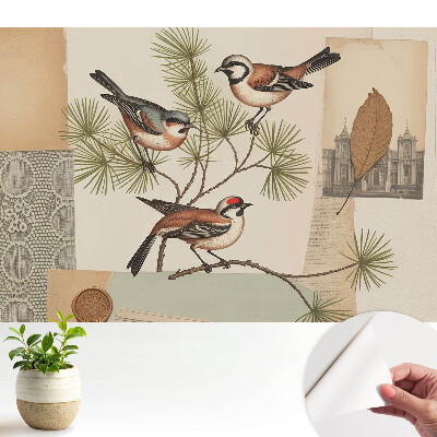 Luxusná tapeta s motívom vtákov na konári v štýle vinobrania v kolážovom dizajne