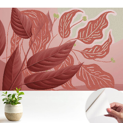 Samolepiace tapety na stenu s motívom červených listov na ružovom pozadí