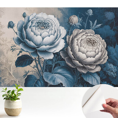 Tapeta s motívom kvetov v odtieňoch modrej a sivej