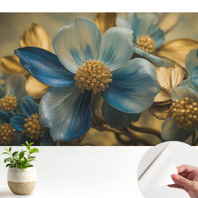 Tapeta do obývačky s modrými kvetmi so žltým stredom