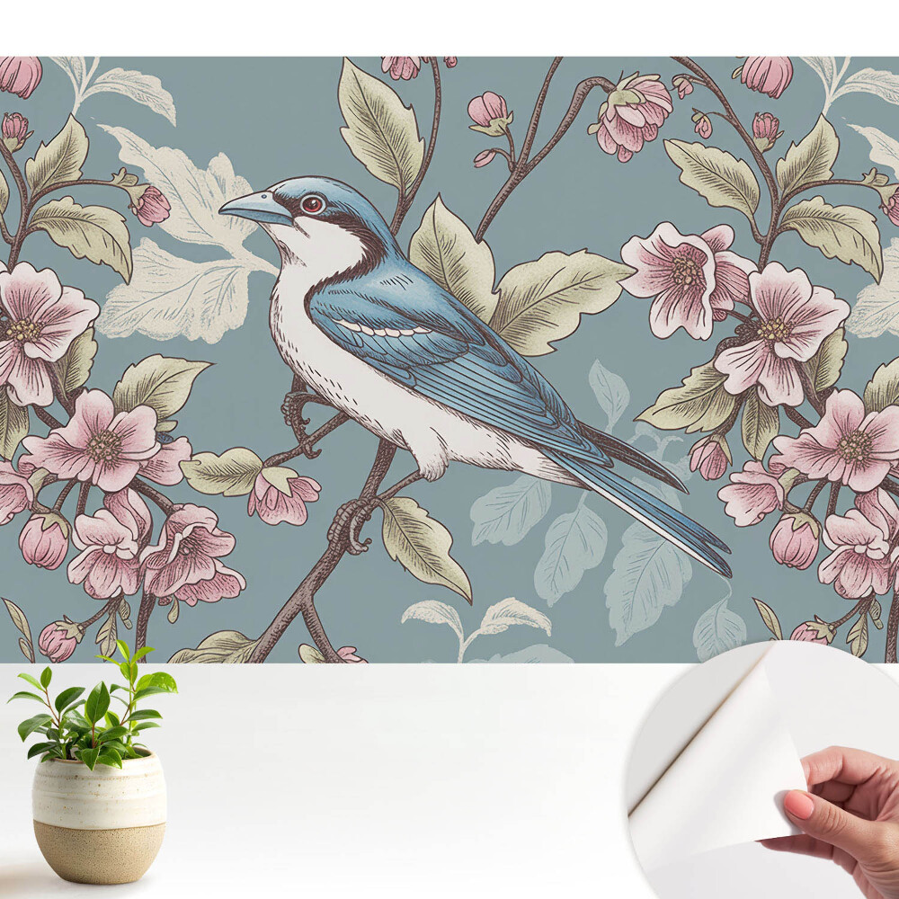 Tapeta do obývačky Vták a kvitnúce čerešňové konáre