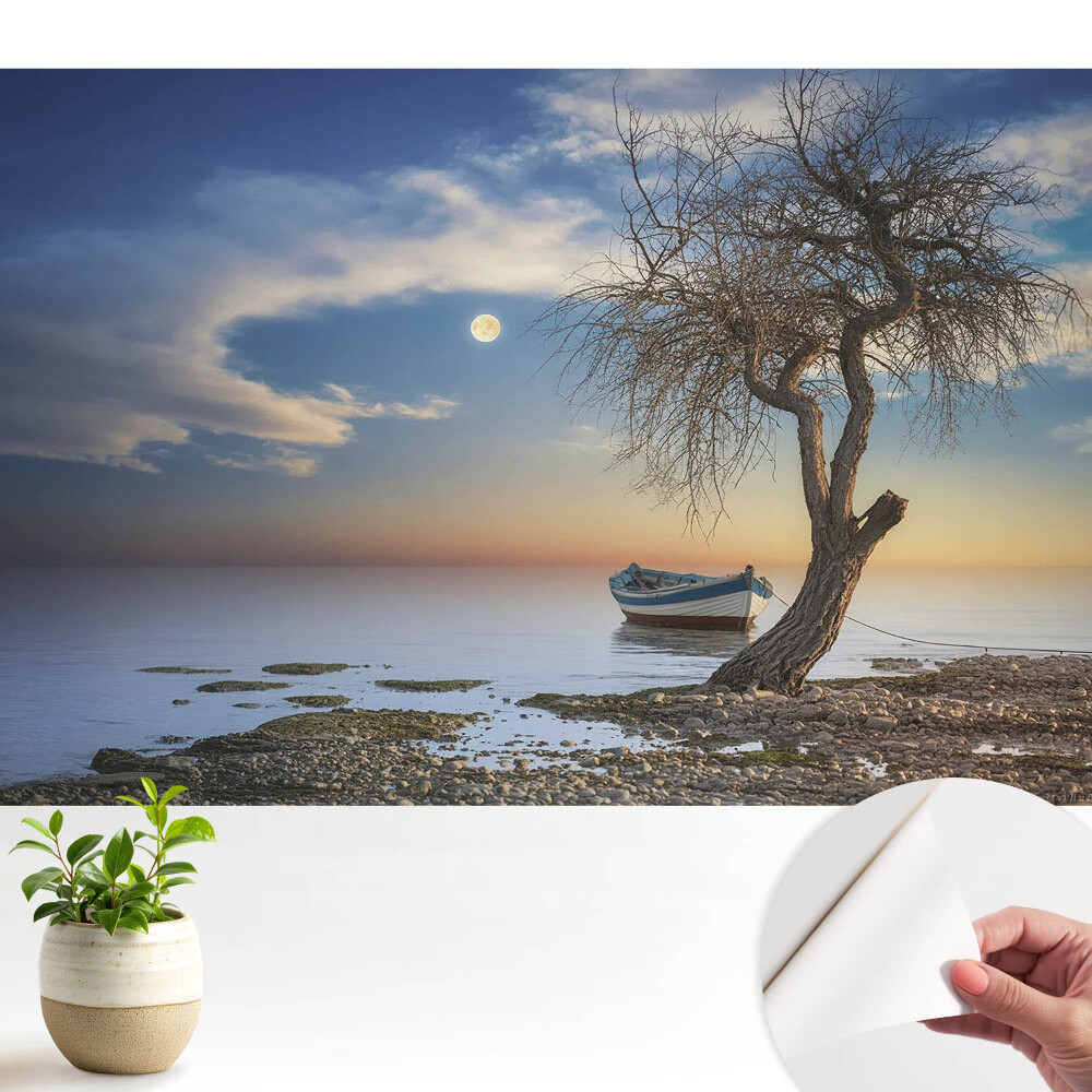Luxusná tapeta Romantický západ slnka s loďkou a stromom