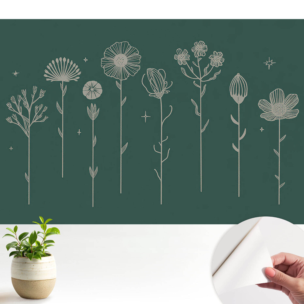 Tapeta do obývačky Minimalistické kvetinové motívy na zelenom pozadí