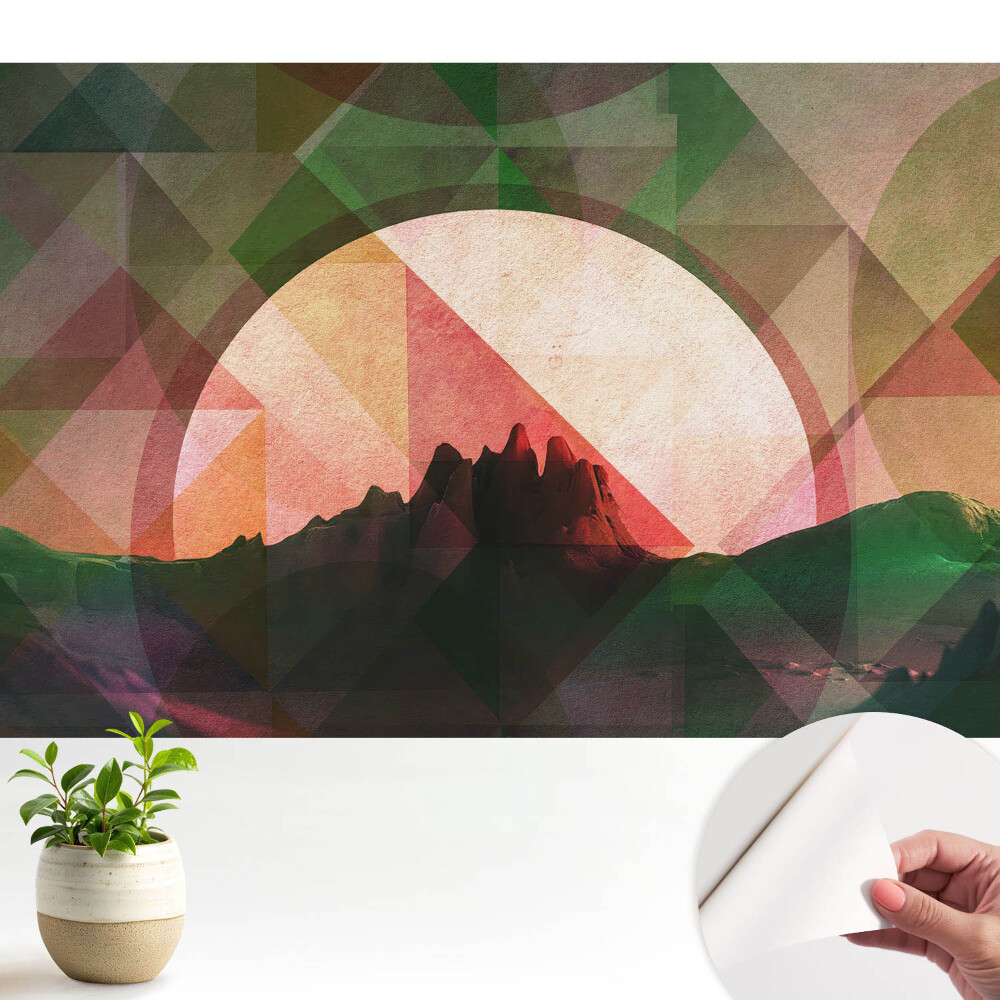 Tapeta do obývačky s motívom geometrických hôr pri západe slnka