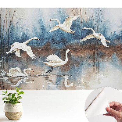 Tapeta na stenu samolepiaca s motívom labutí na jazere v hmlistom lese
