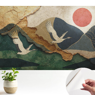 Tapeta Žeriavy a malebné krajiny červeného slnka