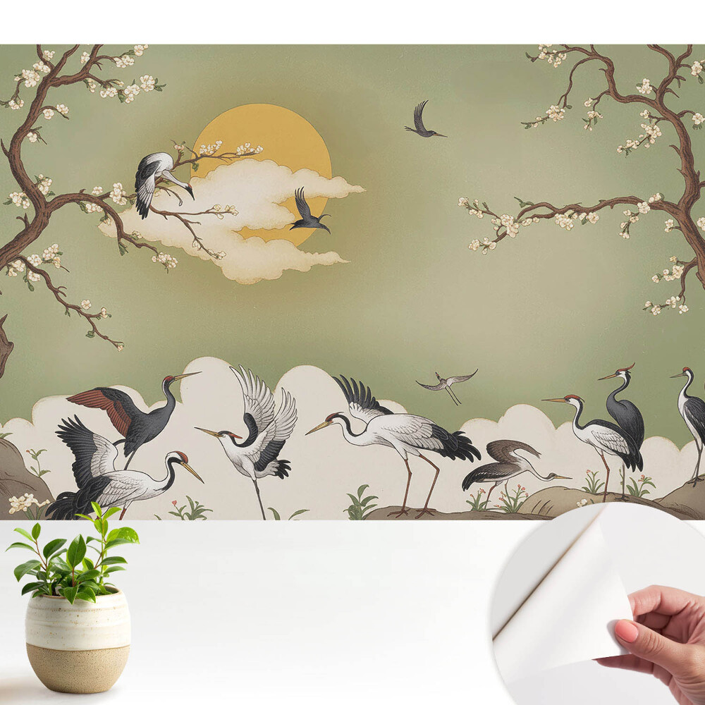 Luxusná tapeta Žeriavy a kvitnúce stromy