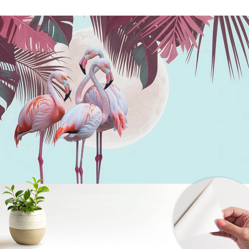 Tapeta s farebnými plameniakmi v tropickom prostredí