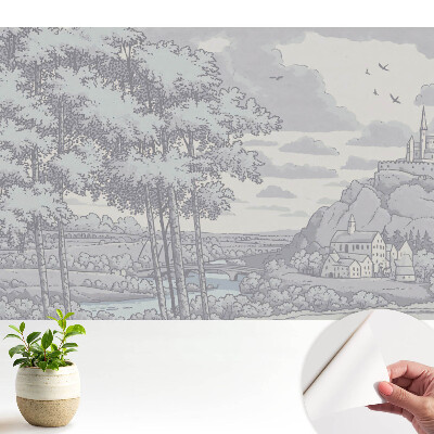 Tapeta s klasickou ilustráciou hradu, lesa a rieky určená do obývačky