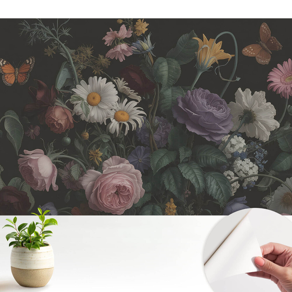 Tapety na stenu samolepiace Kvetinová kytica s motýľmi na tmavom pozadí