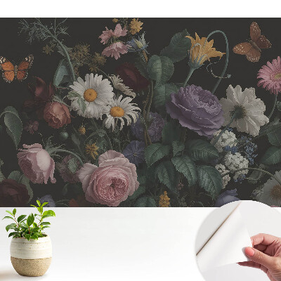 Tapety na stenu samolepiace Kvetinová kytica s motýľmi na tmavom pozadí