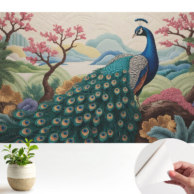 Tapeta s motívom exotického páva v pastelovej krajine