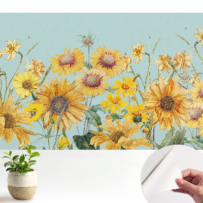 Luxusná tapeta Rustikálne slnečnice a kvety na modrom