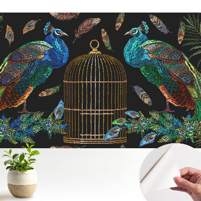 Tapeta s motívom páv medzi perím so symetrickým vzorom