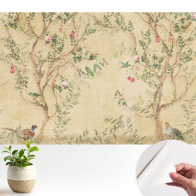 Luxusná tapeta Elegantný strom s kvetmi a vtákmi