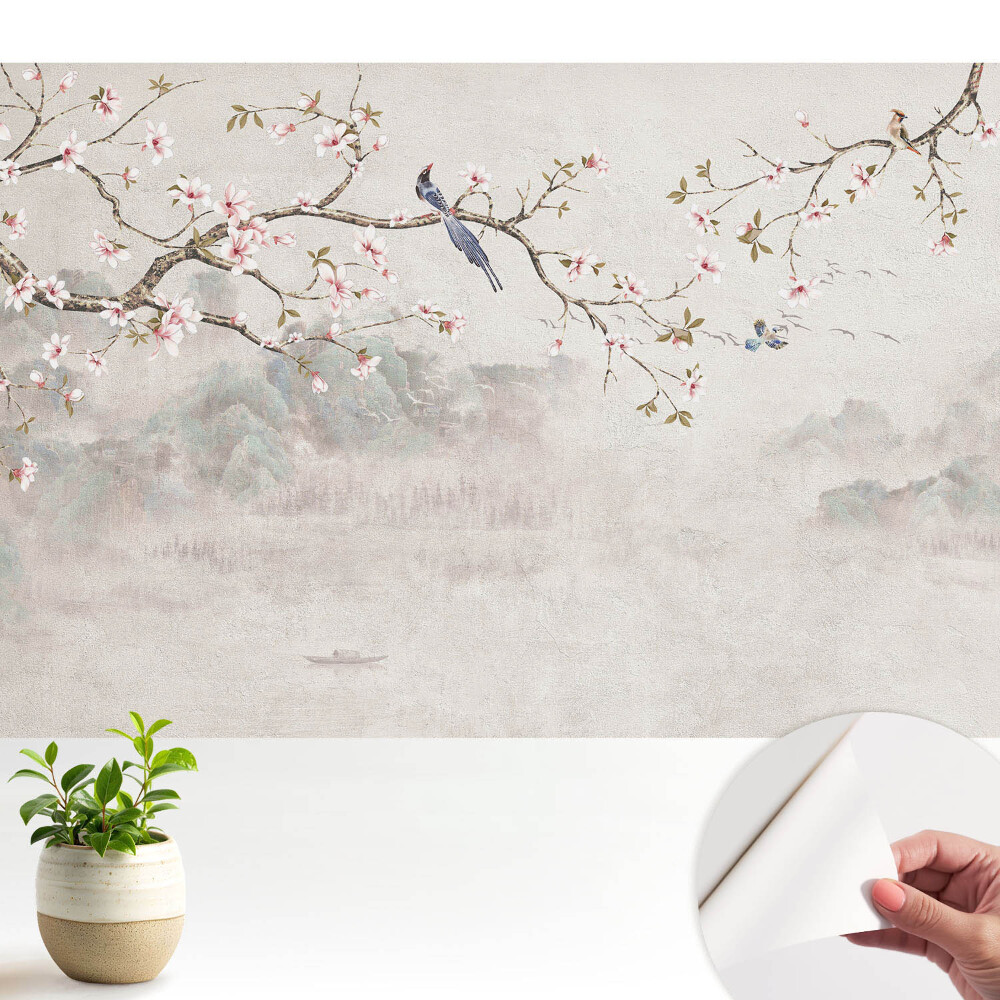 Tapeta do obývačky Jemné kvety a vtáky na pozadí hôr