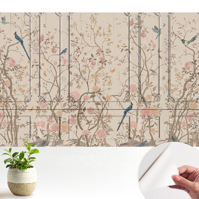 Tapeta na stenu samolepiaca s motívom vtákov a ruží na panelovom pozadí