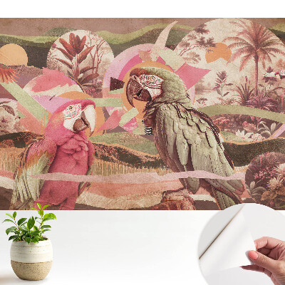 Tapeta na stenu samolepiaca s motívom exotických papagájov a tropickej vegetácie