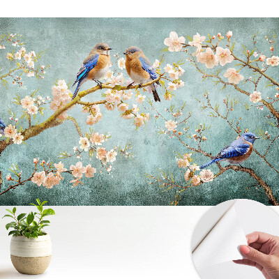 Tapeta na stenu samolepiaca s motívom vtákov na kvitnúcich konároch v pastelových farbách