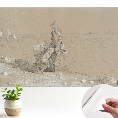 Tapeta do obývačky s motívom muža s loďkou na pláži