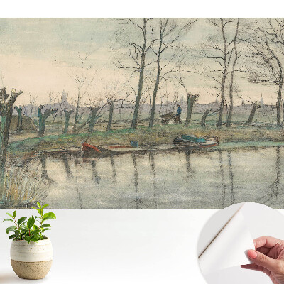 Luxusná tapeta s motívom krajiny s riekou a alejou stromov