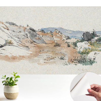 Tapeta do obývačky s motívom skalnatej krajiny v pokojnej farebnej palete