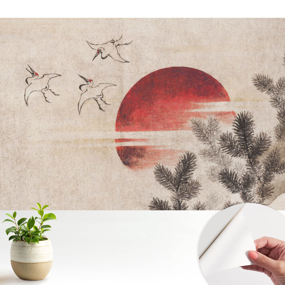 Luxusná tapeta Tri vtáky a slnko na pozadí ihličnatých stromov