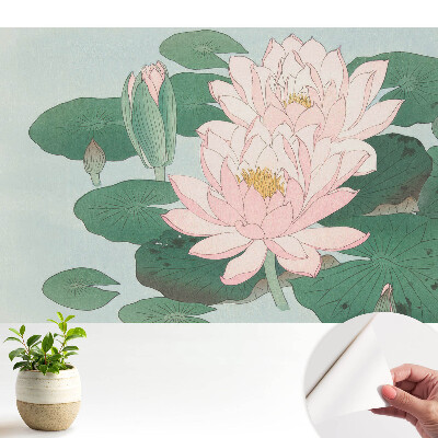 Tapeta na stenu samolepiaca s motívom lotosových kvetov na zelených listoch
