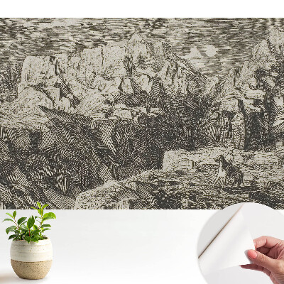 Luxusná tapeta Klasická grafika, drsné skaly, figúrka s oslom