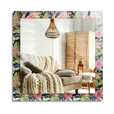 Obdĺžnikové dekoračné zrkadlo na stenu Kvety a vtáky